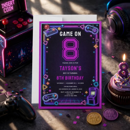 Neon Glow Retro Arcade Games 8e Verjaardag Kaart