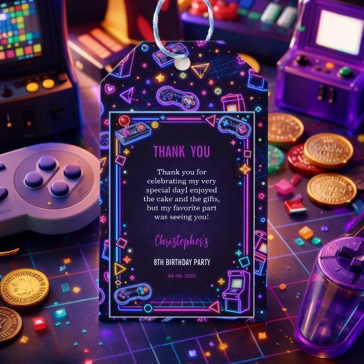 Neon Glow Retro Arcade Gaming 8th Birthday Cadeaulabel