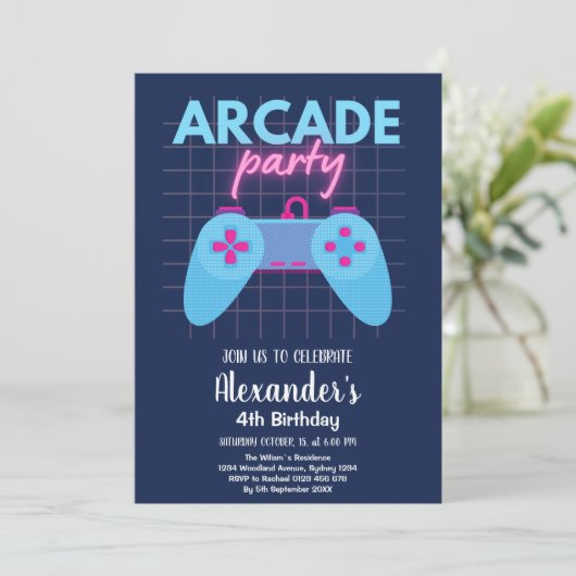 Neon Glow Retro Arcade Gaming Birthday Party Kaart (Staand voorkant)