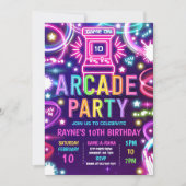 Neon Glow Retro Arcade Gaming Birthday Party Kaart (Voorkant)