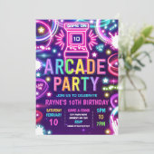 Neon Glow Retro Arcade Gaming Birthday Party Kaart (Staand voorkant)