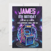 Neon Glow Retro Arcade Gaming Birthday Party Kaart (Voorkant)
