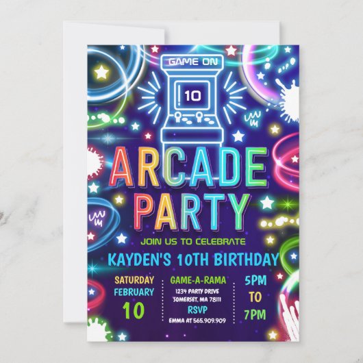 Neon Glow Retro Arcade Gaming Birthday Party Kaart (Voorkant)