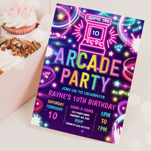 Neon Glow Retro Arcade Gaming Birthday Party Kaart