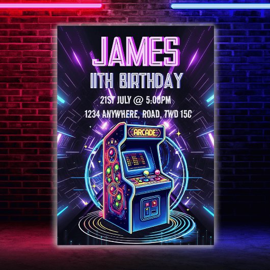 Neon Glow Retro Arcade Gaming Birthday Party Kaart