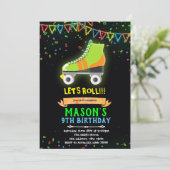 Neon glow roller schaats thema verjaardagsuitnodig kaart (Staand voorkant)