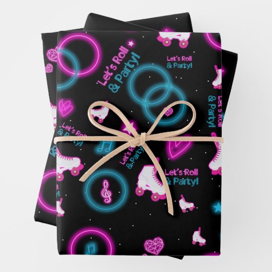 Neon Glow Rolschaatsen Let's Roll Pattern Inpakpapier Vel (In situ)
