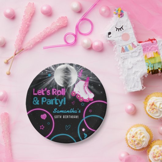 Neon Glow Rolschaatsen Let's Roll Verjaardagsfeest Papieren Bordje (Feest)