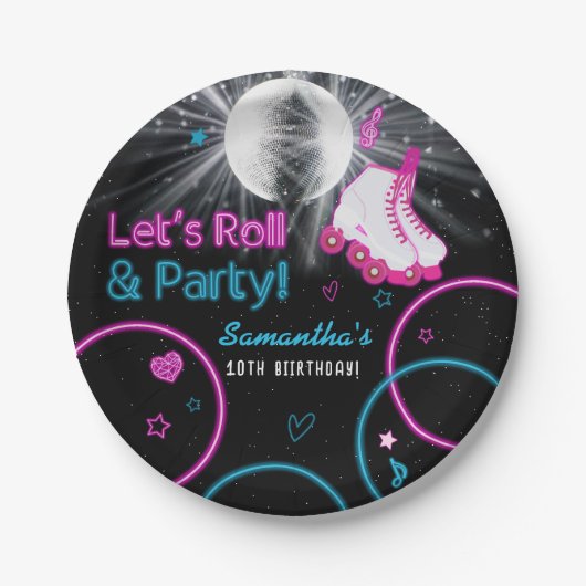 Neon Glow Rolschaatsen Let's Roll Verjaardagsfeest Papieren Bordje (Voorkant)