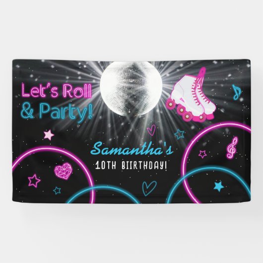 Neon Glow Rolschaatsen Let's Roll Verjaardagsfeest Spandoek (Horizontaal)