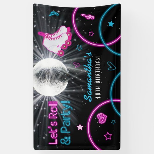 Neon Glow Rolschaatsen Let's Roll Verjaardagsfeest Spandoek (Verticaal)