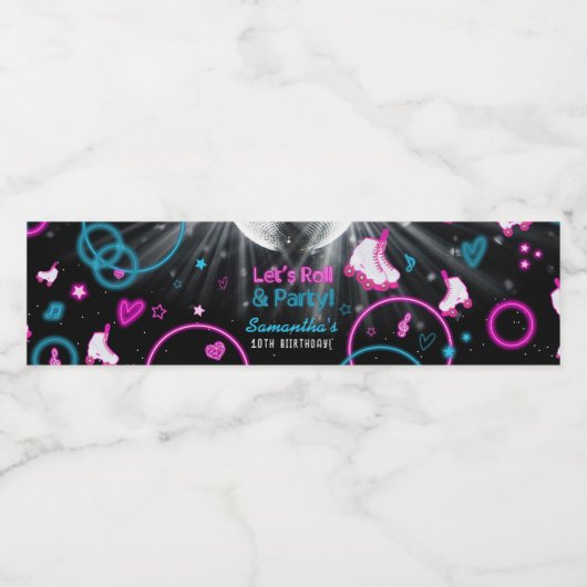 Neon Glow Rolschaatsen Let's Roll Verjaardagsfeest Waterfles Etiket (Enkel label)