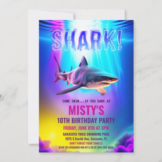 Neon Glow Shark Verjaardag uitnodiging (Voorkant)