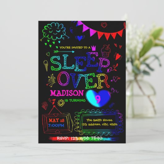 Neon Glow-slumber-uitnodiging Kaart (Staand voorkant)