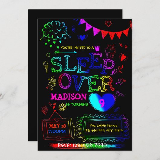 Neon Glow-slumber-uitnodiging Kaart (Voorkant / Achterkant)