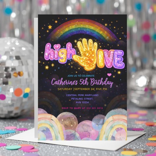 Neon Glow Sparkle High Five Birthday Party Kaart