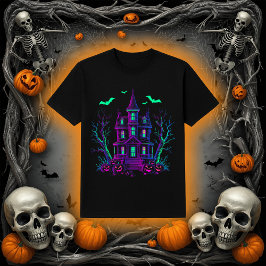 Neon Glow Spoken Huis Vleermuizen en Pompoenen T-shirt