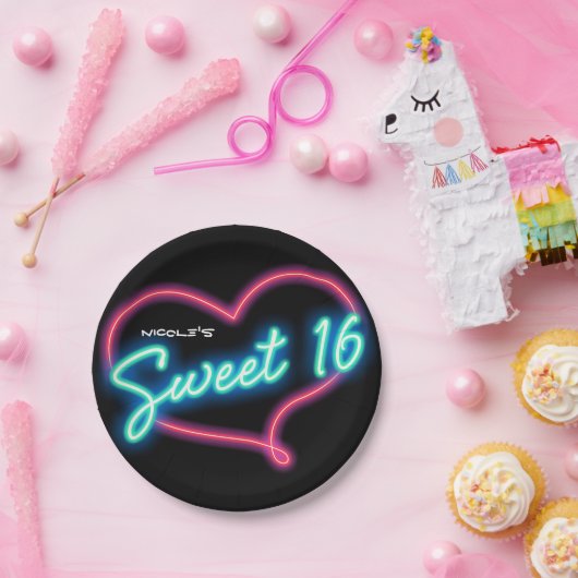 Neon Glow SWEET 16 Hart Verjaardagsfeest Papieren Bordje (Feest)