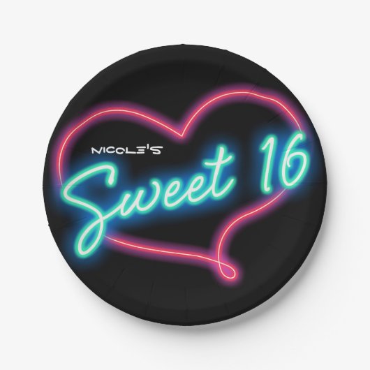 Neon Glow SWEET 16 Hart Verjaardagsfeest Papieren Bordje (Voorkant)