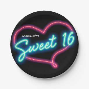 Neon Glow SWEET 16 Heart Verjaardagsfeestje Papieren Bordje