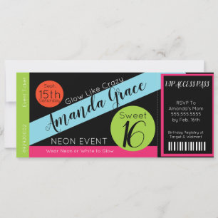 Neon Glow Ticket Sweet Sixteen Verjaardag VIP Kaart