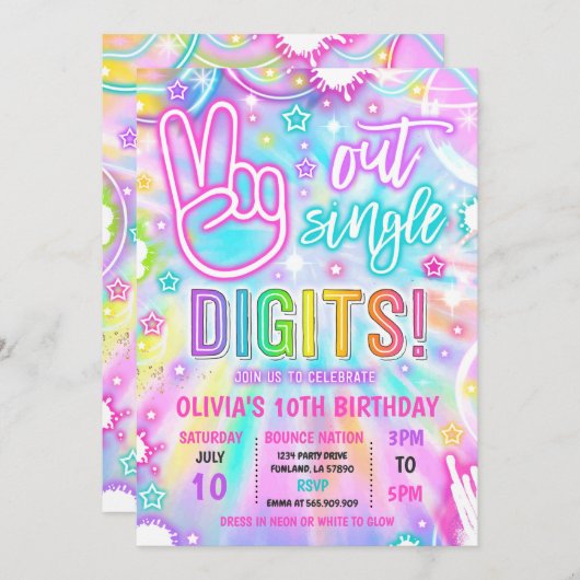 Neon Glow Tie Dye Peace Out Enkele cijfers Verjaar Kaart (Voorkant / Achterkant)