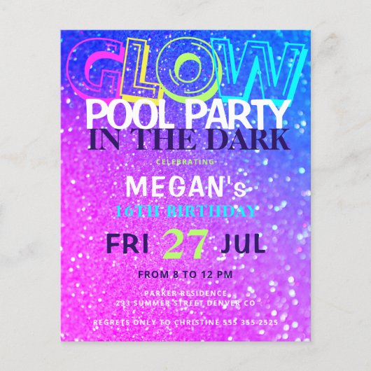 Neon glow tiener budget verjaardagsfeest uitnodigi (Voorkant)