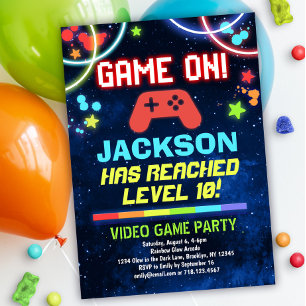 Neon Glow Video Game Birthday Party Uitnodiging
