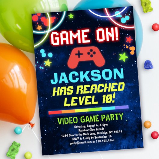 Neon Glow Video Game Birthday Party Uitnodiging