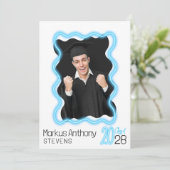 Neon Glow Wavy Border Foto Afstudeerfeest Kaart (Staand voorkant)