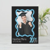 Neon Glow Wavy Border Foto Afstudeerfeest Kaart (Staand voorkant)