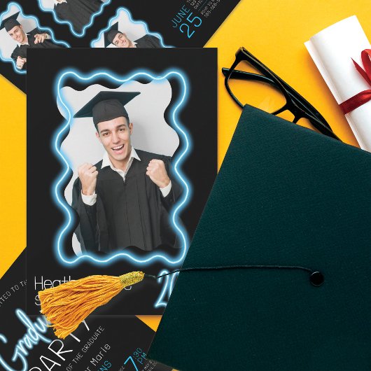 Neon Glow Wavy Border Foto Afstudeerfeest Kaart