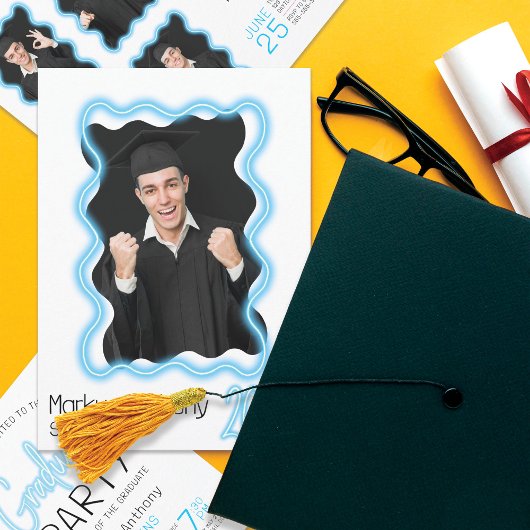 Neon Glow Wavy Border Foto Afstudeerfeest Kaart