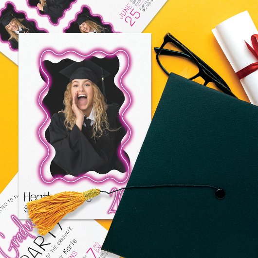 Neon Glow Wavy Border Foto Afstudeerfeest Kaart