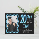 Neon Glow Wavy Border Foto Afstuderen Ceremonie Kaart (Staand voorkant)