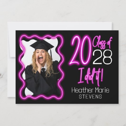 Neon Glow Wavy Border Foto Afstuderen Ceremonie Kaart (Voorkant)