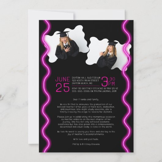 Neon Glow Wavy Border Foto Afstuderen Ceremonie Kaart (Achterkant)