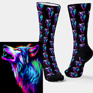 Neon Glow Wolf Head op Black Sokken
