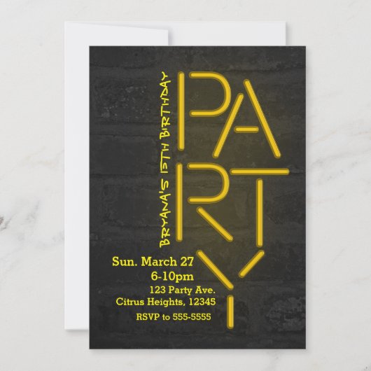 Neon Glow Yellow PARTY Brick Wall Urban Uitnodigin Kaart (Voorkant)