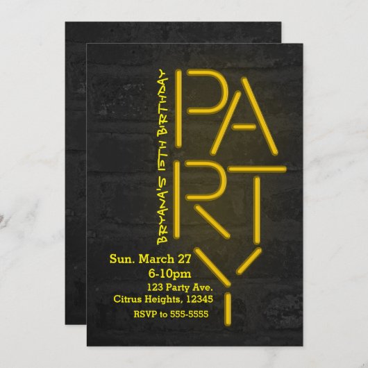 Neon Glow Yellow PARTY Brick Wall Urban Uitnodigin Kaart (Voorkant / Achterkant)
