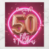 Neon Glowing Glam Roos Gouden Ballonnen 50e Verjaa Wijn Etiket (Enkel label)
