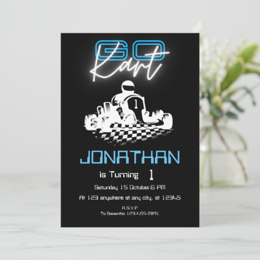 Neon Go-Kart Verjaardagsuitnodiging Kaart (Staand voorkant)