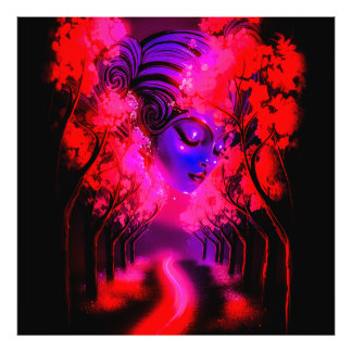 Neon Goddess in Enchanted Forest Foto Afdruk