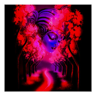 Neon Goddess in Enchanted Forest Perfect Poster