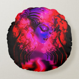 Neon Goddess in Enchanted Forest Rond Kussen