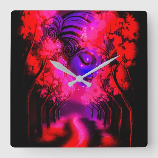 Neon Godin in Betoverd Bos Vierkante Klok (Voorkant)
