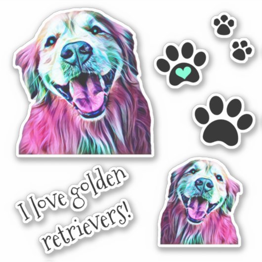 Neon Golden Retriever en Pawprints Group Sticker (Voorkant)