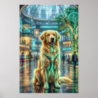 Neon Golden Retriever Lichtgevend Plein Poster