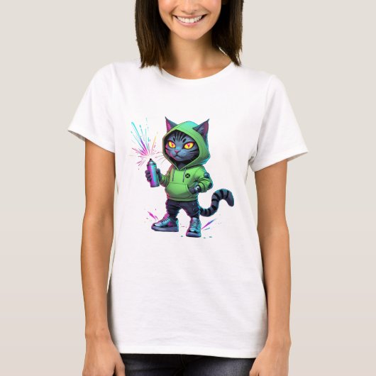 Neon Graffiti Cat – Futuristische Cyberpunk Street T-shirt (Voorkant)