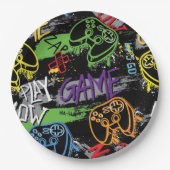 Neon Graffiti Gaming Patroon Papieren Bordje (Voorkant)